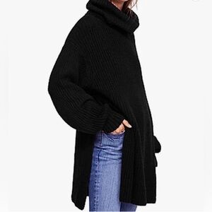 Free People Black Chunky Knit Turtleneck Sweater Oversized XS Side Slit